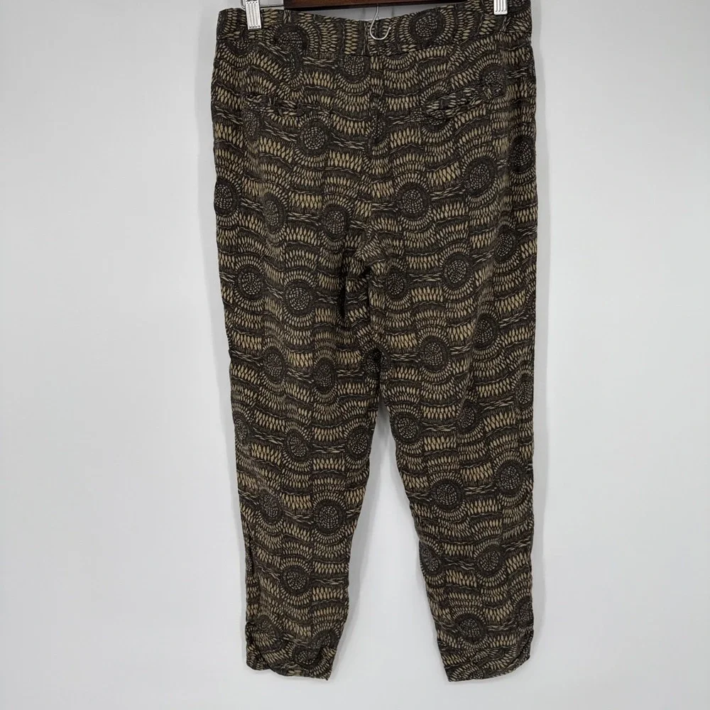 Free People Boho Batik Linen Blend Button Fly Drawstring Tan Ankle Pants Size 6
